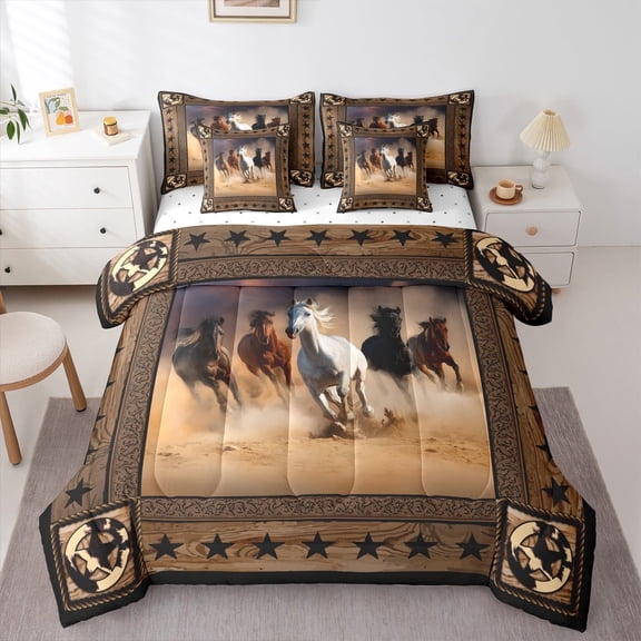 jejeloiu Fram Animal Horse Twin Bedding Sets 7-Piece,Retro Stars Print Bedding Comforter Set,Rustic Farmhouse Cabin Sheet Sets For Men Women,Ultra Soft Home Decor