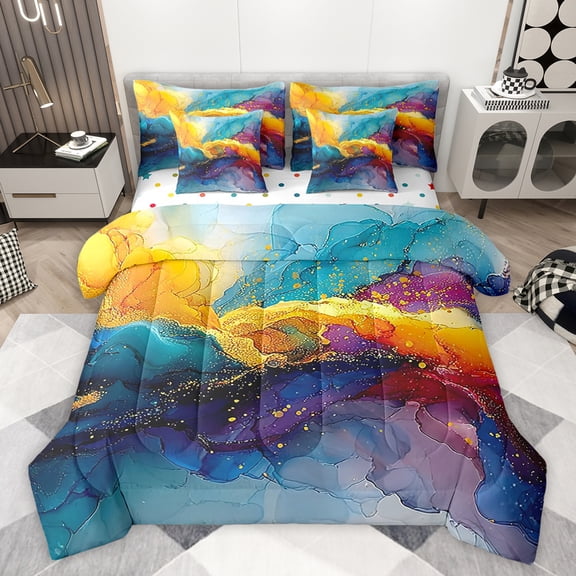 jejeloiu Fulid Artistic 7pcs Bedding Comforter Set,Watercolor Oil Painting Queen Bedding Sets,Teal Orange Ombre Queen Sheet Sets For Men Women,Breathable Home Decor Reversible