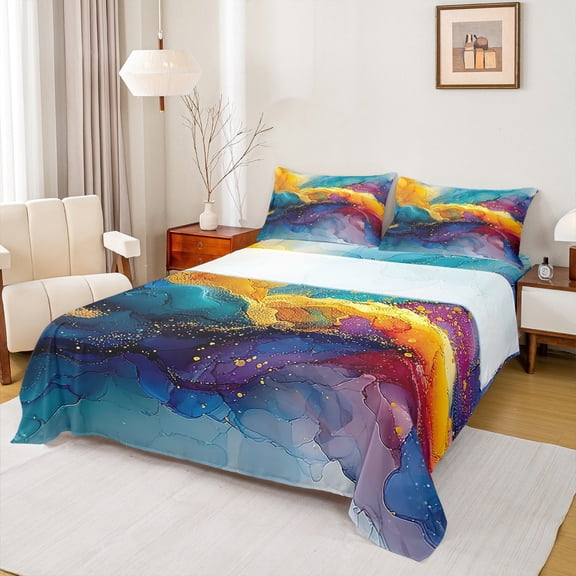 jejeloiu Fulid Artistic Full Size Sheets,Watercolor Oil Painting Bed Sheets,Teal Orange Ombre Sheet Sets For Men Women,Breathable Home Decor,4-Piece