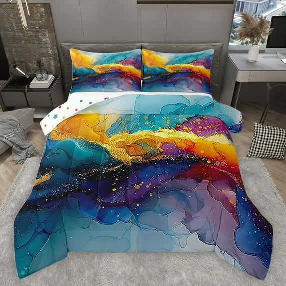 jejeloiu Fulid Artistic Queen Comforter Set,Watercolor Oil Painting Bedding Sets,Teal Orange Ombre Bedding Comforter Set For Men Women,Breathable Home Decor Reversible,3 Pieces