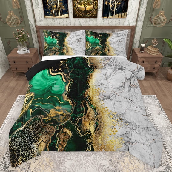 jejeloiu Fulid Stripe Artwork Queen Comforter Set,Abstract Marble Aesthetic Bedding Sets,Green Black White Bedding Comforter Set For Kids,Microfiber Bedroom Decor Reversible,3-Piece