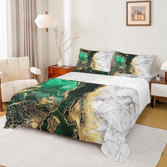 jejeloiu Fulid Stripe Artwork Queen Sheet Sets,Abstract Marble Aesthetic Flat Sheet,Green Black White Queen Fitted Sheet For Kids,Microfiber Bedroom Decor,4-Piece