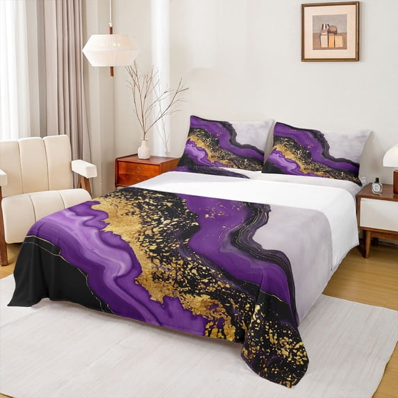 jejeloiu Marble Purple Gold Twin 3-Piece Reversible Abstract Fluid Stripe Sheet Set