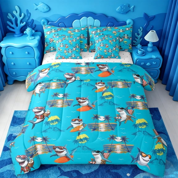 jejeloiu Fun Shark Pattern 7 Pieces Full Size Bedding Sets,Surfboard Palm Tree Full Size Bed in a Bag For Boys,Tropical Blue,Reversible