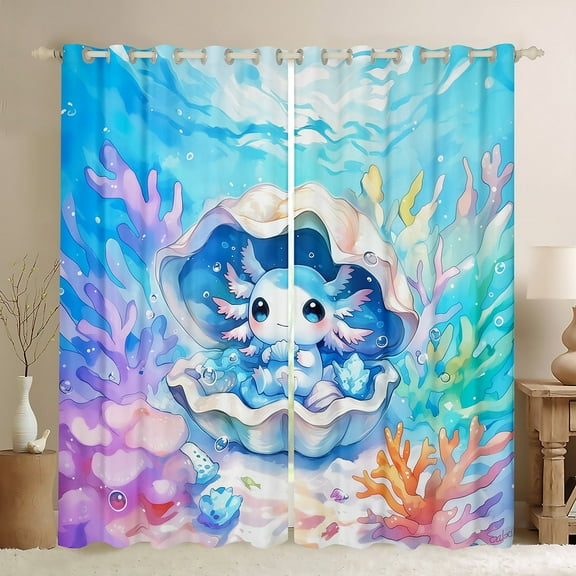 jejeloiu Funny Axolotl Black Out Curtains,Cartoon Animal Curtains Pack of 2 (42x63 Each),Colorful Shell Coral Bedroom Curtains For Kid Girls,Super Cozy Bedroom Decoration