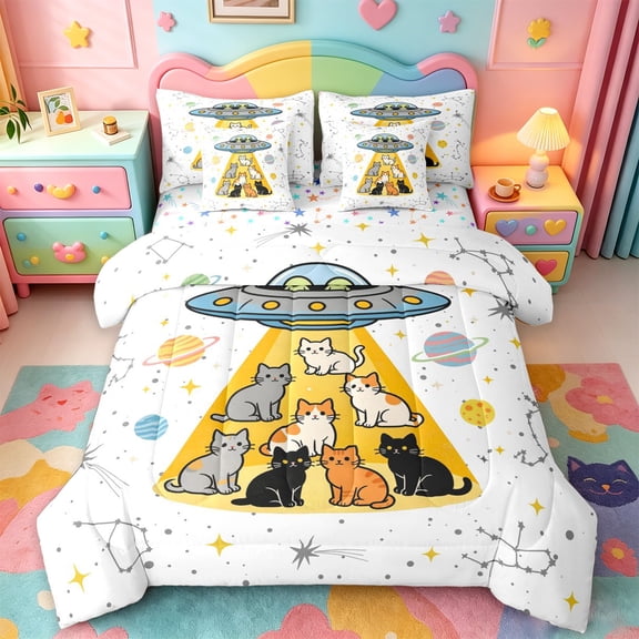 jejeloiu Funny Cat 7pcs Bedding Comforter Set Kids,Space Kitten Print Queen Bedding Sets,Reversible