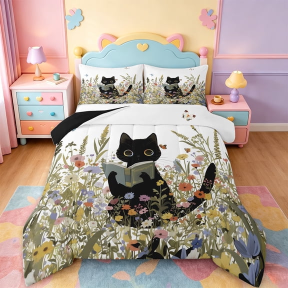 jejeloiu Funny Cat Full Size Comforter Sets Kids,Rustic Botanical Colorful Floral Bedding Sets,Reversible,3-Piece