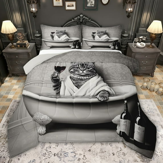 jejeloiu Funny Cat Kitten Full Size Comforter Sets,White Gray Bedding Sets For Pet Lovers Reversible 3-Piece