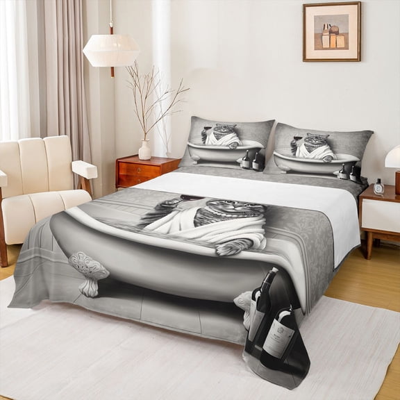 jejeloiu Funny Cat Kitten Twin Sheet Sets,White Gray Bedding For Pet Lovers 3pcs