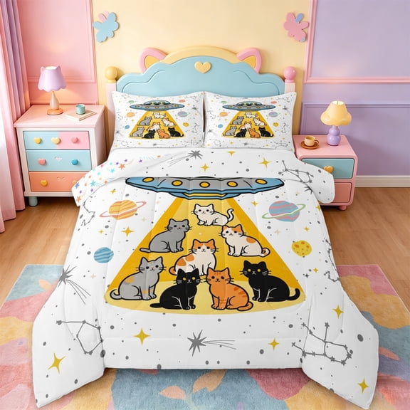jejeloiu Funny Cat Queen Comforter Set Kids,Space Kitten Print Bedding Comforter Set,Reversible,3pcs