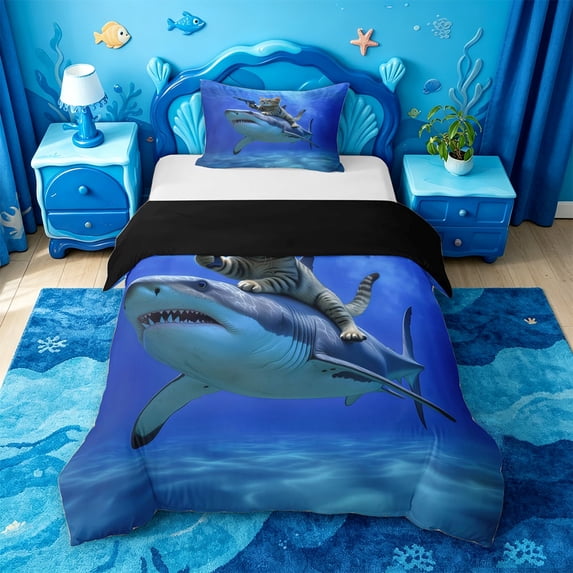 jejeloiu Funny Cat Shark Twin Duvet Cover,Deep Ocean Background Twin Bedding For Boys,Solid Blue,Black Reversible,2-Piece,1 Duvet Cover and 1 Pillowcase