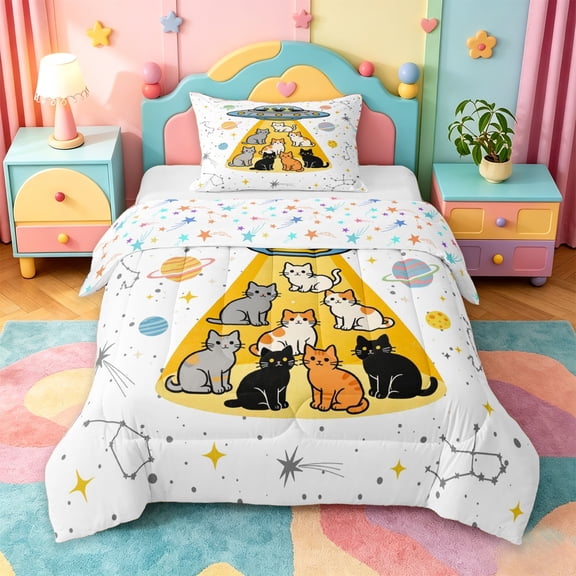 jejeloiu Funny Cat Twin Comforter Sets Kids,Space Kitten Print Bedding Set,Reversible,2-Piece