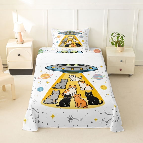jejeloiu Funny Cat Twin Sheet Sets Kids,Space Kitten Print Bedding,3-Piece