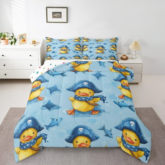 jejeloiu Funny Duck Full Size Comforter Sets,Navigation Theme Bedding Comforter Set,Blue Fish Stars Bedding Sets For Boys Teens,Ultra Soft Home Decor Reversible,3pcs