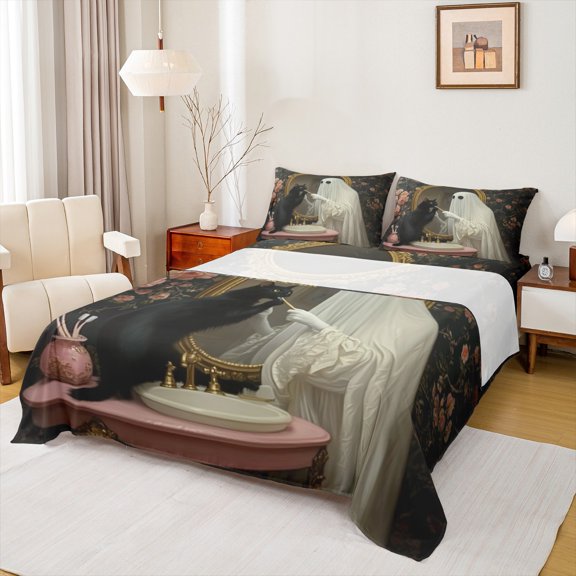 jejeloiu Funny Ghost Cat Twin Sheet Sets,Halloween Theme Twin Fitted Sheet,Rustic Farmhouse Cabin Flat Sheet For Girls,Ultra Soft Home Decor,3-Piece