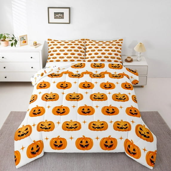 jejeloiu Funny Pumpkin Full Size Comforter Sets,Autumn Harvest Bedding Comforter Set,Horange White Bedding Sets,Ultra Soft Room Decor Reversible,3-Piece