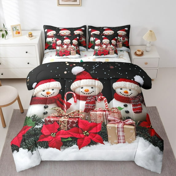 jejeloiu Funny Snowman 7-Piece Twin Bedding Sets,Red Christmas Flower Bedding Comforter Set,Xmas Candy Cane Sheet Sets For Kids,Ultra Soft Home Decor Reversible