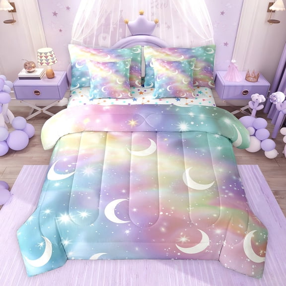 jejeloiu Galaxy Moon Stars 7pcs Bedding Comforter Set,Colorful Ombre Effect Queen Bedding Sets For Girls Teens Reversible