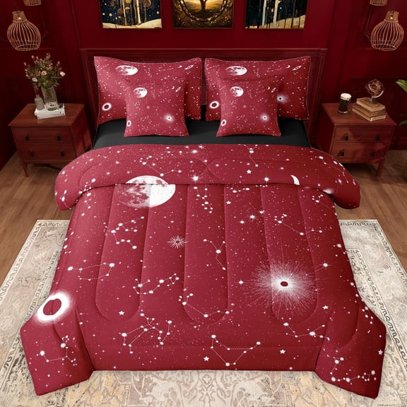 jejeloiu Galaxy Nebula 7-Piece Bedding Comforter Set,Fantasy Constellation Theme King Bedding Sets,Red White Bed Sheets For Teens,Ultra Soft Home Decor Reversible
