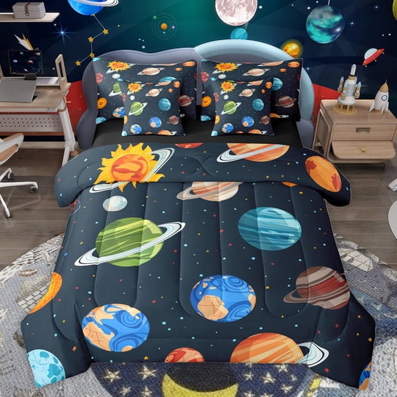jejeloiu Galaxy Planet 7pcs Bedding Comforter Set,Colorful Stars Dots Queen Bedding Sets,Universe Theme Queen Sheet Sets For Boys Teens,Microfiber Bedroom Decor Reversible