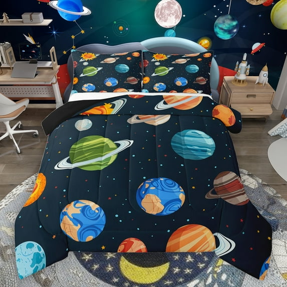 jejeloiu Galaxy Planet Bedding Comforter Set,Colorful Stars Dots Twin Comforter Sets,Universe Theme Bedding Set For Boys Teens,Microfiber Bedroom Decor Reversible,2-Piece