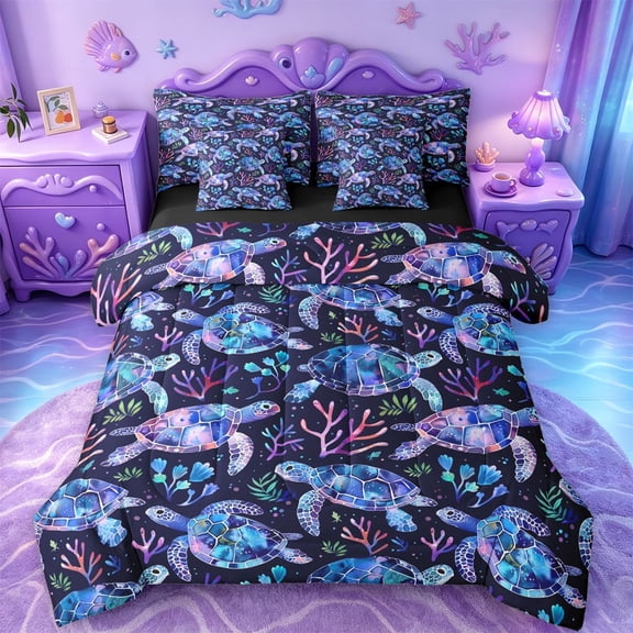 jejeloiu Galaxy Sea Turtle Print 7 Pieces Full Size Bedding Sets,Watercolor Coral Pattern Full Size Bed in a Bag For Boys,Blue Purple,Black Reversible