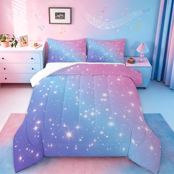 jejeloiu Galaxy Starry Night Queen Comforter Set,Glitter Print Bedding Sets,Pink Blue Purple Ombre Bedding Comforter Set,Lightweight Room Decor,3 Pieces