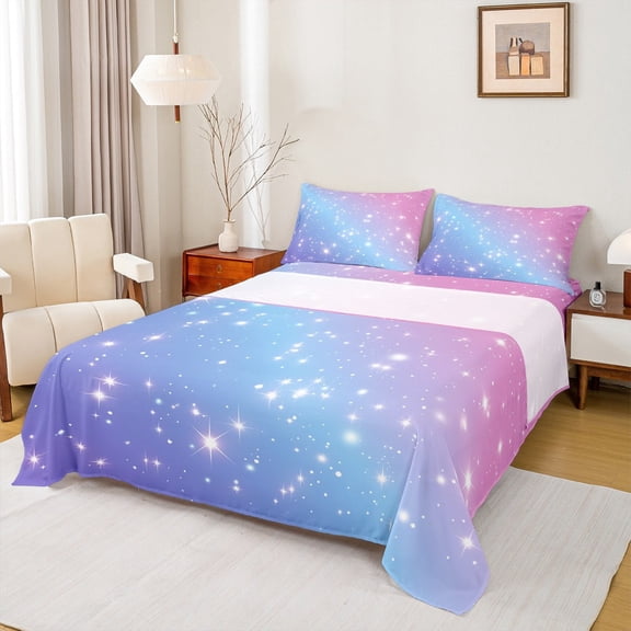 jejeloiu Galaxy Starry Night Queen Sheet Sets,Glitter Print Flat Sheet,Pink Blue Purple Ombre Queen Fitted Sheet,Lightweight Room Decor,4 Pieces