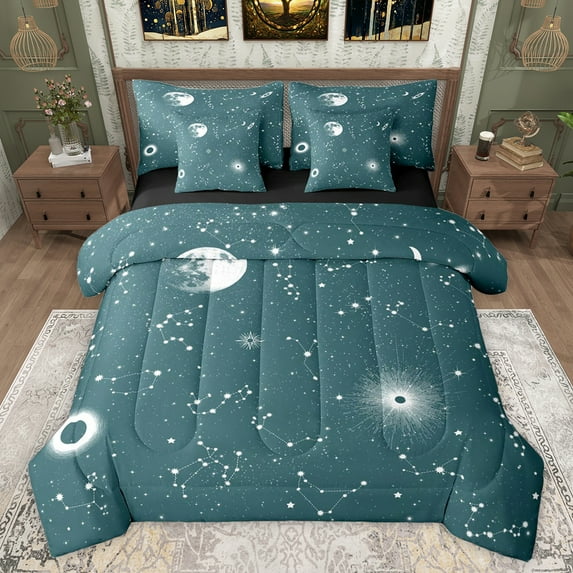 jejeloiu Galaxy Starry Sky 7-Piece Bedding Comforter Set,Constellation Pattern King Bedding Sets,Green White Bed Sheets For Girls Kids,Microfiber Bedroom Decor Reversible