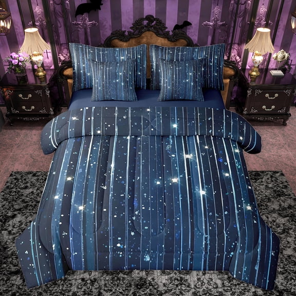 jejeloiu Galaxy Starry Sky 7 Pieces Bedding Comforter Set,Sequin Print Stripe Full Bedding Set,Abstract Deepblue Ombre Fitted Sheet Flat Sheet For Men Women,Microfiber Bedroom Decor Reversible
