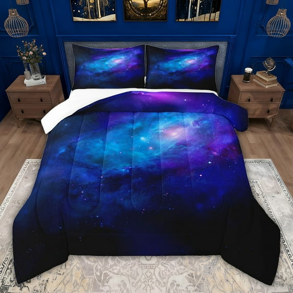 jejeloiu Galaxy Starry Sky Queen Comforter Set,Blue Purple Ombre Bedding Comforter Set For Girls Kids 3pcs