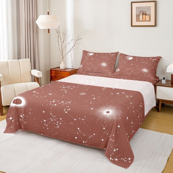 jejeloiu Galaxy Starry Sky Queen Sheet Sets,Constellation Pattern Flat Sheet,Brown White Queen Fitted Sheet For Girls Kids,Microfiber Bedroom Decor,4 Pieces