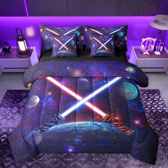 jejeloiu Galaxy Stars Planet 7 Pieces Bedding Comforter Set,Fashion Gamer Gaming Full Bedding Set,Purple Red Blue Fitted Sheet Flat Sheet For Teens,Luxury Bedroom Decor Reversible
