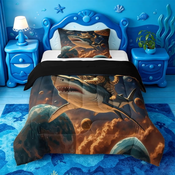 jejeloiu Galaxy Tiger Shark Adventure Twin Comforter Sets,Outer Space Theme Bedding Set For Boys,Orange Blue,Black Reversible,2pcs,1 Comforter and 1 Pillowcase