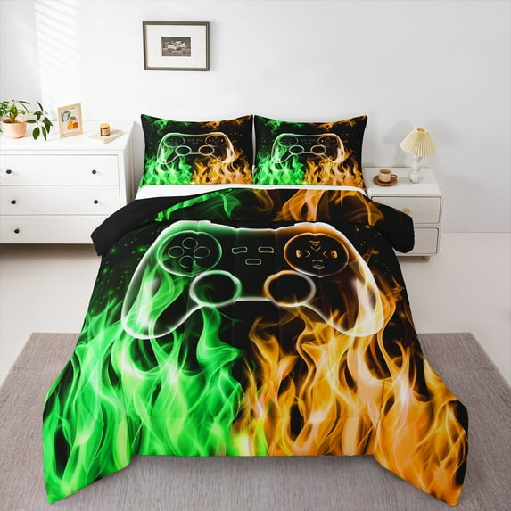 jejeloiu Game Bedding Comforter Set,Green Gamepad Controller Twin Comforter Sets,2D Yellow Green Fire Bedding Set For Boy,Microfiber Room Decor Reversible,2-Piece