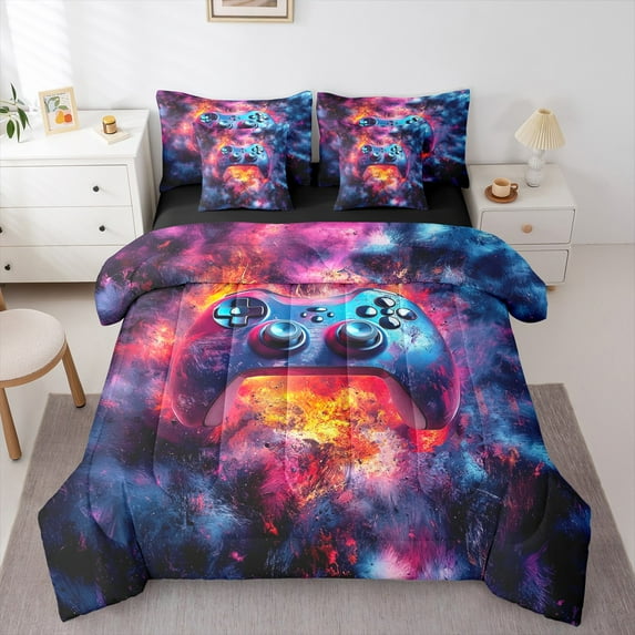 jejeloiu Game Console Bedding Comforter Set 7-Piece,Gamer Gaming King Bedding Sets,Orange Blue Bed Sheets For Boys,Breathable Bedroom Decorative Reversible
