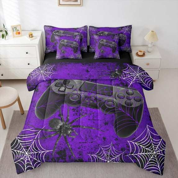jejeloiu Game Console Bedding Comforter Set 7pcs,Gamer Gaming Queen Bedding Sets,Purplr Black Spider Queen Sheet Sets For Boys,Breathable Bedroom Decorative Reversible