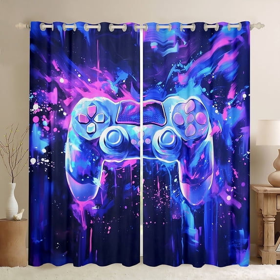jejeloiu Game Console Black Out Curtains,Gamer Gaming Curtains Pack of 2 (42x63 Each),Purple Splatter Ink Bedroom Curtains For Boys Girls,Breathable Bedroom Decorative