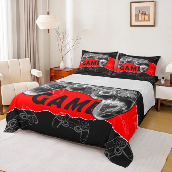 jejeloiu Game Console Full Size Sheets,Gamer Gaming Bed Sheets,3D Gamepad Sheet Sets For Boys,Breathable Bedroom Decorative,4-Piece