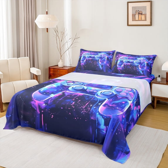 jejeloiu Game Console Full Size Sheets,Gamer Gaming Bed Sheets,Purple Splatter Ink Sheet Sets For Boys Girls,Breathable Bedroom Decorative,4-Piece
