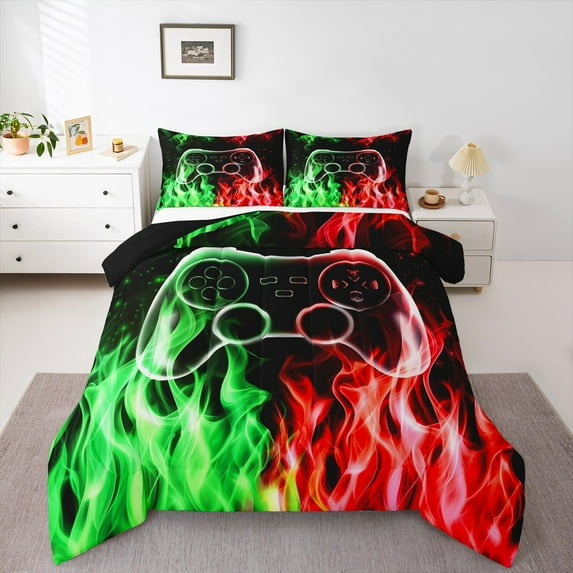 jejeloiu Game Console Queen Comforter Set,Gamer Gaming Bedding Sets,Green Red Flame Bedding Comforter Set For Boys,Breathable Bedroom Decorative Reversible,3-Piece