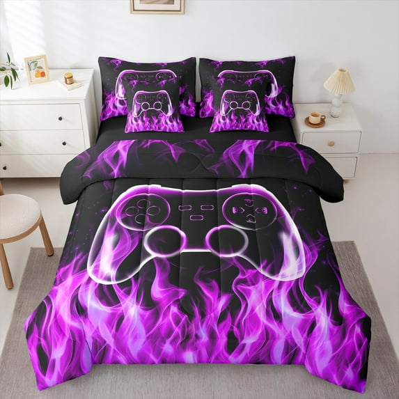 jejeloiu Game Console Twin Bedding Sets 7-Piece,Gamer Gaming Bedding Comforter Set,Purple Cool Flame Sheet Sets For Boys,Breathable Bedroom Decorative Reversible