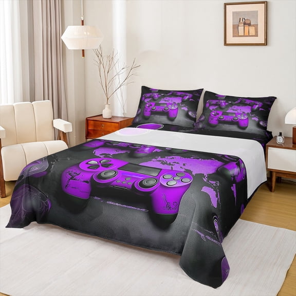 jejeloiu Game Console Twin Sheet Sets,Gamer Gaming Twin Fitted Sheet,Purple Black Flat Sheet For Boys,Breathable Bedroom Decorative,3 Pieces