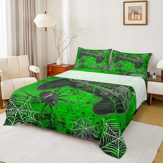 jejeloiu Game Full Size Sheets,Green Gamepad Controller Bed Sheets,Wild Spider Webs Sheet Sets For Boy,Microfiber Room Decor,4-Piece