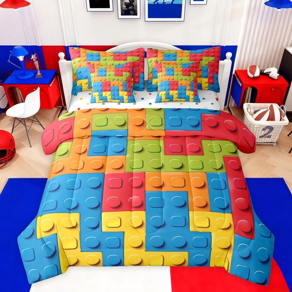 jejeloiu Game Gaming 7pcs Bedding Comforter Set,3D Building Blocks Queen Bedding Sets,Cartoon Toy Brick Queen Sheet Sets For Boys Teens,Breathable Home Decor Reversible