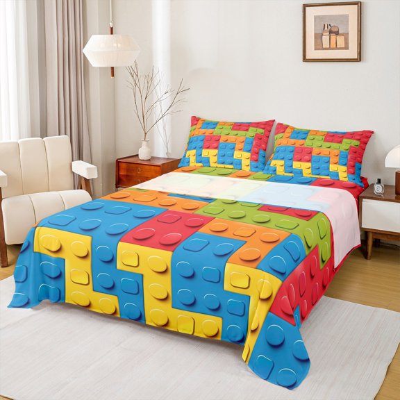 jejeloiu Game Gaming Bed Sheets,3D Building Blocks King Sheets,Cartoon Toy Brick Sheet Set For Boys Teens,Breathable Home Decor,4 Pieces