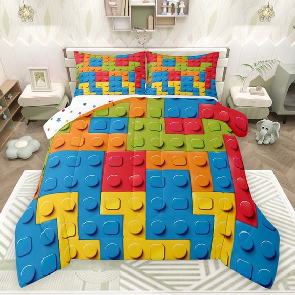 jejeloiu Game Gaming Queen Comforter Set,3D Building Blocks Bedding Sets,Cartoon Toy Brick Bedding Comforter Set For Boys Teens,Breathable Home Decor Reversible,3-Piece