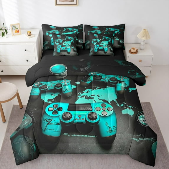 jejeloiu Game Twin Bedding Sets 7-Piece,Cyan Gamepad Controller Bedding Comforter Set,Player Gaming Joystick Sheet Sets For Boy,Microfiber Room Decor Reversible