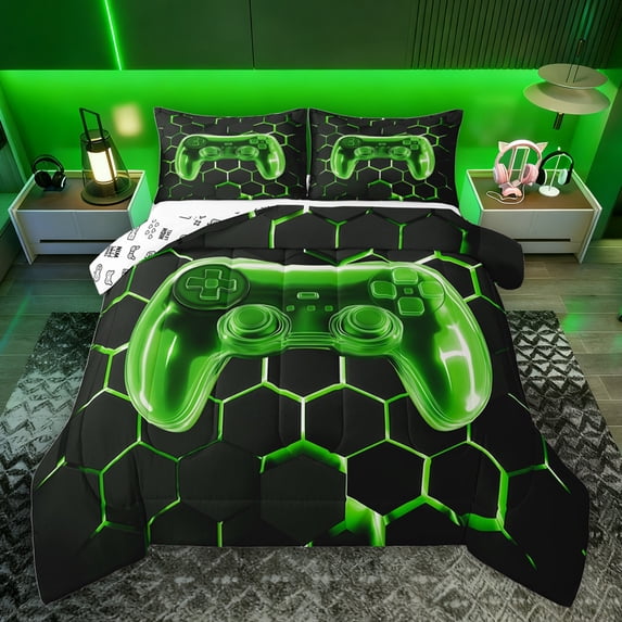 jejeloiu Gamepad Gamer Full Size Comforter Sets,Modern Video Game Bedding Comforter Set,Green Geometric Honeycomb Bedding Sets For Boys Kids,Luxury Bedroom Decor Reversible,3 Pieces