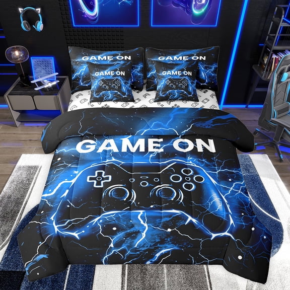 jejeloiu Gamepad Gaming Gamer 7pcs Bedding Comforter Set,Modern Video Game Queen Bedding Sets,Blue Black Queen Sheet Sets For Boys,Breathable Home Decor Reversible